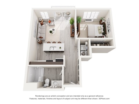 Floor plan for 1 bed, 1 bath, 636 sqft